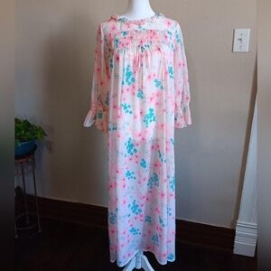 Whimsical Vintage Floral Maxi Night Gown Silky Bell Cuff Pink Blue Flowers Small